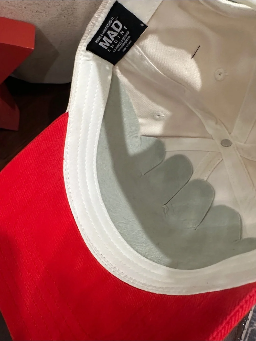 MAD Engine USA Embroidered Cap - Cream Crown, Red Brim, Navy Letters